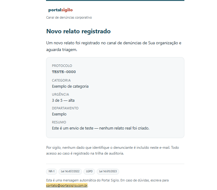 E-mail do Portal Sigilo avisando que um novo relato foi registrado, com protocolo, categoria, urgência, departamento e resumo do caso.